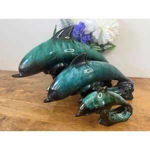 Vintage Blue Mountain Pottery Dolphin Figurines Green Drip Glaze‎ Set Canadian